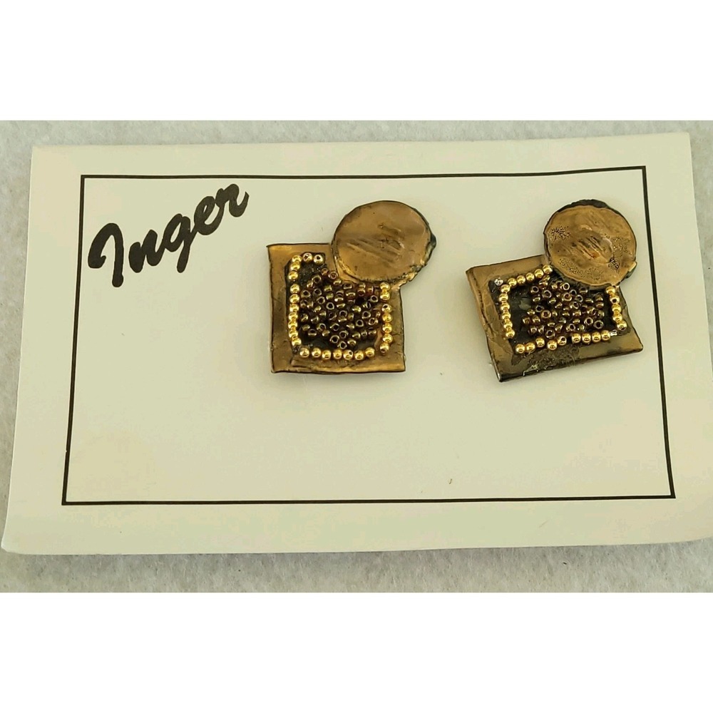 Inger Vintage Brutalist Mid-Century Ceramic Earrings 22K Gold Geometric Textured